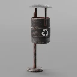 "Street trash can 2: a detailed 3D model for Blender 3D. Features rusty metal plating, a recycling symbol, and three color texture variations. Ideal for enhancing exterior scenes and adding visual interest with renewable energy elements."