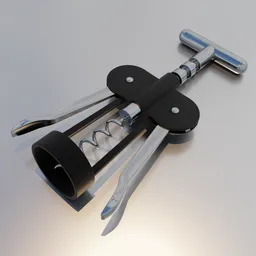 Highly detailed 3D model of a metallic wine opener tool, Blender 3D design perfect for kitchenware visualizations.