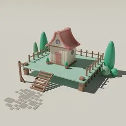 Detailed 3D Blender model of a quaint, stylized house with fence and trees, suitable for virtual historic villages.