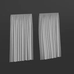 Grey 3D model curtains with dynamic wind effect, semi-transparent texture, scalable for Blender rendering.