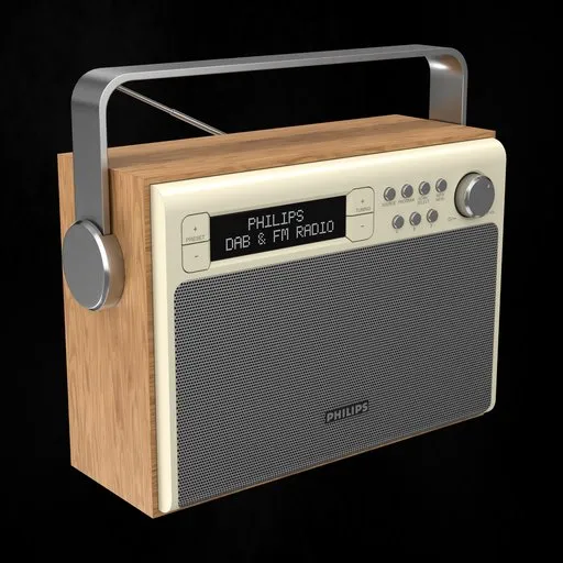 Detailed 3D model of Philips portable radio with high fidelity textures, crafted in Blender for close-up renders.