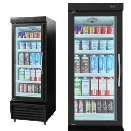 "Enhance your shopping-retail scenes with this highly detailed Product refrigerator in Blender 3D. Featuring two refrigerators stocked with drinks and beverages on a sleek black background, illuminated with screen space global lighting for a technological touch. Perfect for showcasing merchandise on sales websites with cell shaded graphics and a bold color palette of dark orange, black, white, and red."