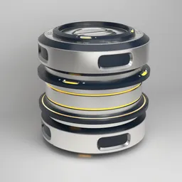 "Scifi Metallic Barrel Container 3D model in Blender 3D software. This container features a silver and yellow color scheme, with stacked camera lenses, an octane render, and elements reminiscent of a supercomputer. Perfect for adding an industrial touch to your Blender 3D projects."