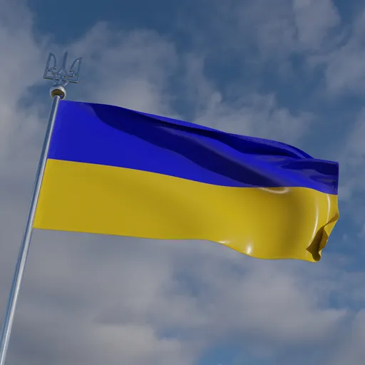 Detailed Blender 3D rendering of the Ukraine flag waving against a cloudy sky.