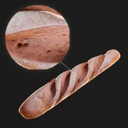 "High-quality French brown baguette 3D model with 16k textures, optimized geometry, and created using Blender 3D software. Perfect for architectural visualization and product photography. By Bourgeois."