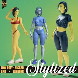 "Stylized motion design female character for Blender 3D: Cyberpunk-inspired, pre-made, game and animation ready model with realistic rigging and detailed textures. Includes three poses and clean topology. Perfect for creating stunning visuals in your next project."