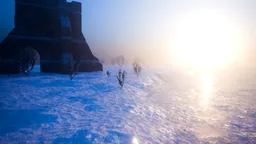 Snowy Ruins at Sunrise Scene