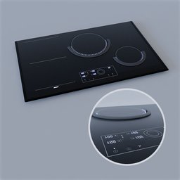 "Kitchen appliance 3D model - Induction hob with adjustable lights and texture mask. Swedish design, black stove top with a button, suitable for culinary scenes. Made with Blender 3D software."