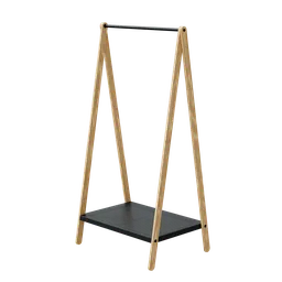 "Tok Clothes Rack - Small: A minimalist wooden wardrobe with a black shelf for clothes, shoes, and bags. Ideal for Blender 3D users looking for a functional and industrial-style clothes rack. Created with Blender 3D software."