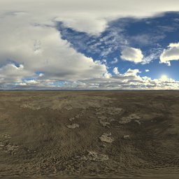 Terragen-rendered skydome panorama with bright sun creating long shadows and clouds providing natural fill light for immersive 3D scenes.
