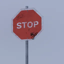 "Stop Sign OLD 3D model with graffiti and weathered texture, ideal for traffic sign simulations in Blender 3D software. Realistically rendered face with a sky background, showcasing attention to detail. Rendered using Unreal Engine for a well-defined and vivid image."