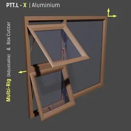 "Aluminum window 3D model for Blender 3D, with adjustable size and opening windows at half the height. Can be used for Arch-vis and features detailed product image with light transport simulation, by Pamphilus."