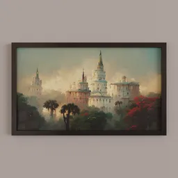 "Painting Number 13" 3D model in Blender 3D depicts a gothic architecture castle and clock tower in a misty landscape with trees in the foreground. The ornate baroque frame adds an elegant touch to the image. This 50x30cm painting is perfect for those who love Wes Anderson's style of art.