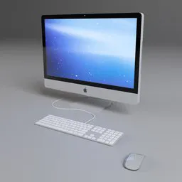 "3D model of an iMac computer with mouse and keyboard, created using Blender 3D software. This detailed model features a tall thin frame, physically-based rendering, and a style reminiscent of Titmouse animation. Perfect for Blender users looking for a high-quality desktop computer model for their projects."