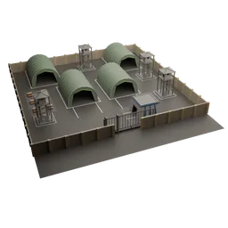 3D low-poly military base model with pixel textures for mobile game development in Blender.