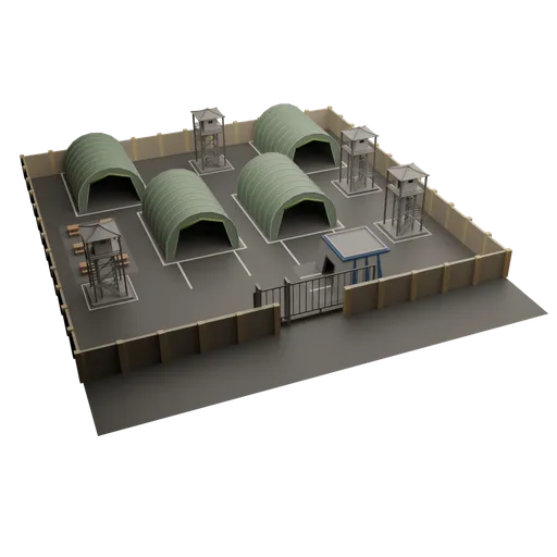 3D low-poly military base model with pixel textures for mobile game development in Blender.