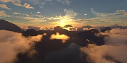 360 HDRI panorama featuring a tranquil lake among mountains at sunset with clouds for realistic scene lighting.