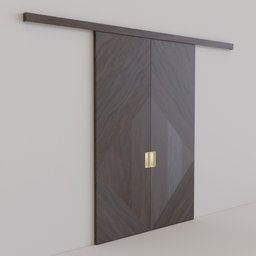 "Large walnut sliding door 3D model in Blender 3D with gold handles, featuring intricate wood fiber patterns creating visual depth and texture in a sleek, modern design."