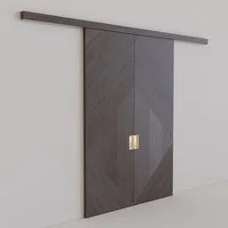 "Large walnut sliding door 3D model in Blender 3D with gold handles, featuring intricate wood fiber patterns creating visual depth and texture in a sleek, modern design."