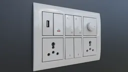 3D Blender model of a modular wall switchboard with interchangeable buttons, detailed textures, and realistic shadows.