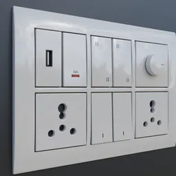 "Modular switchboard with interchangeable buttons and USB ports designed in Blender 3D. This wall-light model features four different sockets and a sleek white finish, inspired by Arnold Brügger's transportation design. Explore other button and module options uploaded by the user to customize the switchboard to your specific needs."