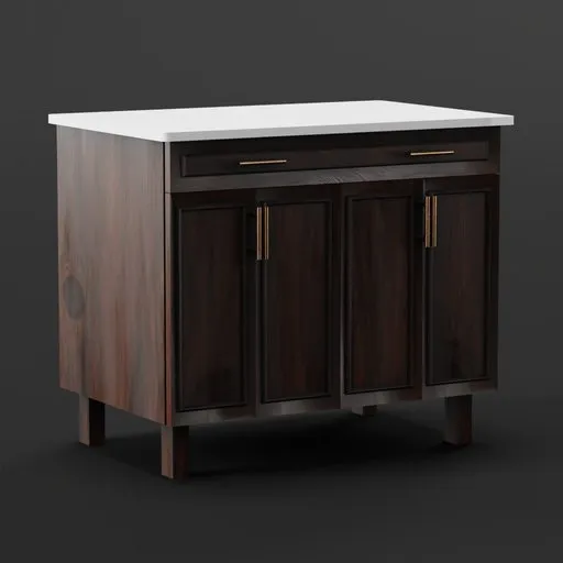 Detailed 3D model of a dark wood living room cabinet with white top for Blender rendering.