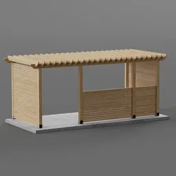 "Explore an intricately designed wooden Asian gate for entrance to gardens and land through this highly realistic Pergola varianta 20 3D model created on Blender 3D. Ideal for external visualizations of gardens, this model showcases a reconstructions of a concrete building with bench and merchant stands. Viewed from front-left, this is the perfect addition to your outdoor 3D assets collection."