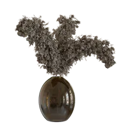 "Indoor nature 3D model of a plant from the pampas family, inspired by Andor Basch and Carlo Galli Bibiena. Highly rendered with a reflective metal vase, moss ball, and brown mist. Includes particle simulation and differential growth features. Suitable for gray and golden lighting scenes in Blender 3D."