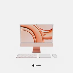 Orange iMac 3D model featuring keyboard and mouse, ideal for Blender 3D artists creating digital workspaces.