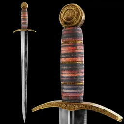 Detailed 3D rendering of a textured antique sword for Blender modeling, showcasing intricate design and wear.