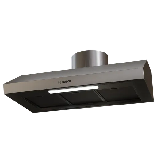 Highly detailed Blender 3D model of a modern stainless steel under-cabinet range hood with lights.
