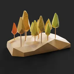 "Discover the Island Art Figurine, a stunning sculpture created using Blender 3D. Set amongst trees on a wooden stand, this tabletop model is perfect for display. Inspired by the works of Carlos Enríquez Gómez and featuring disconnected shapes, it's a trending piece on Artstation."
