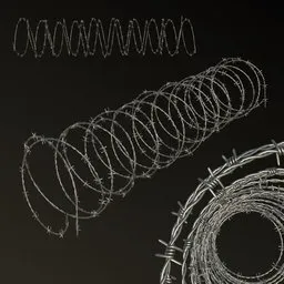 "Highly detailed spiral barbed wire 3D model for Blender 3D, perfect for fence designs. This intricate wireframe features a coil of barbed wire with a rusted texture, creating a unique visual appeal. A versatile asset suitable for both realistic and steampunk-inspired projects."