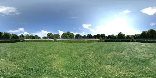 12K panoramic HDR of a serene garden with hedges and purple flowers for realistic scene lighting.