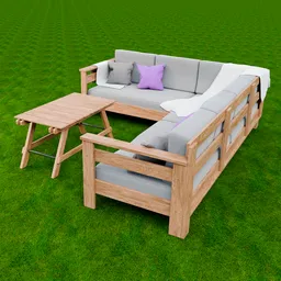 Realistic wooden garden seating set 3D model with cushions for Blender rendering, versatile for outdoor and indoor scenes.