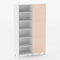 "3D model of a Besta Ikea bookcase in white and pink with birch veneer doors. Fully customizable and rendered in Blender 3D. Perfect for your Nordic-inspired designs and interiors."