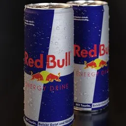 "Realistic 3D model of two Red Bull energy drink cans on a table, rendered using Cinema 4D by Jan Konůpek. High-quality, detailed design perfect for Blender 3D projects. Clean and customizable mesh with UV unwrapping, ensuring easy customization for optimal results."