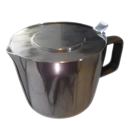 High-quality 3D rendered steel teapot with a sleek modern design and a black plastic handle, compatible with Blender.