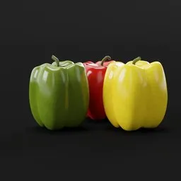 "Three vibrant and multicolored bell peppers featuring shades of green, yellow, and red, rendered with VFX effects and created using Blender 3D software. This eye-catching 3D model showcases the peppers lined up in a row against a black background, resembling a traffic light. Inspired by artists Mustafa Rakim and Antonín Slavíček, this in-game asset by Ivan Meštrović brings a touch of realism with its intricate details."