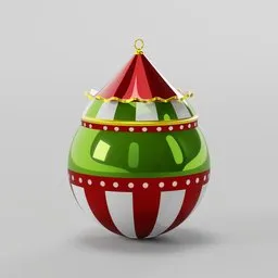 "Christmas Sphere with Red and Green Top and Decorative Design - 3D Blender Model. A festive ornament featuring candy-coated cone shapes. Ideal game asset and telegram sticker."