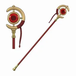 3D anime-style magical staff model with red and gold accents, available for Blender, showcasing line art rendering.