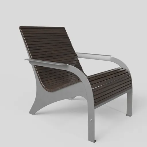 Realistic 3D render of a modern silver frame bench with wooden slats, suitable for Blender 3D projects.