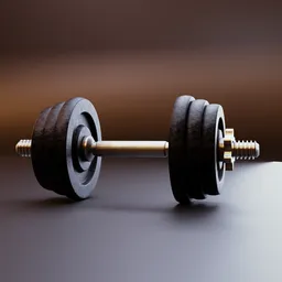 "Procedurally textured gym fitness dumbbell 3D model rendered in Redshift, featuring a black dumbbell with gold rim on a table. Created in Blender by Jesper Myrfors with impressive attention to detail and suitable for fist training, with a resolution of 10k and a gym background."