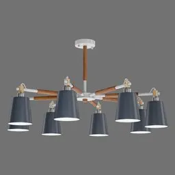 "Scandinavian style chandelier with wooden elements and five lamps in gunmetal grey, inspired by mid-century Arlington Nelson Lindenmuth design. Perfect for transportation-themed renders. Created with Blender 3D software."