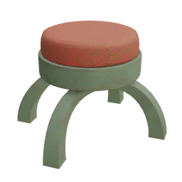 Detailed 3D model of a green wooden stool with ornate red cushion, compatible with Blender.