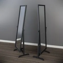 Realistic 3D model of a standing, rotating, full-length mirror with a dark wood frame for Blender artists.