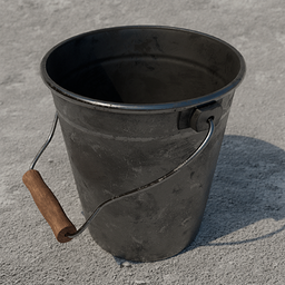 Realistic 3D model of a metal bucket with wooden handle, optimized for Blender rendering.