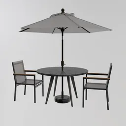 "Steel gray sunshade table with chairs and umbrella in a garden setting, perfect for Blender 3D scenes. Three-fourths view with monochrome tones and octane render. Also includes disassembled parts and scratches on the dark grey body. "