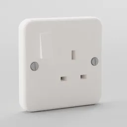 "3D model of a single electrical outlet with two UK power plug sockets and a white plastic surround, created in Blender 3D software."