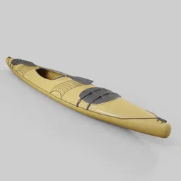 "Modern yellow kayak with black top, rendered in stunning detail in 1920s minimalism style. The design features sleek wooden trimming and golden machine parts. Created by Francis Helps in Blender 3D."